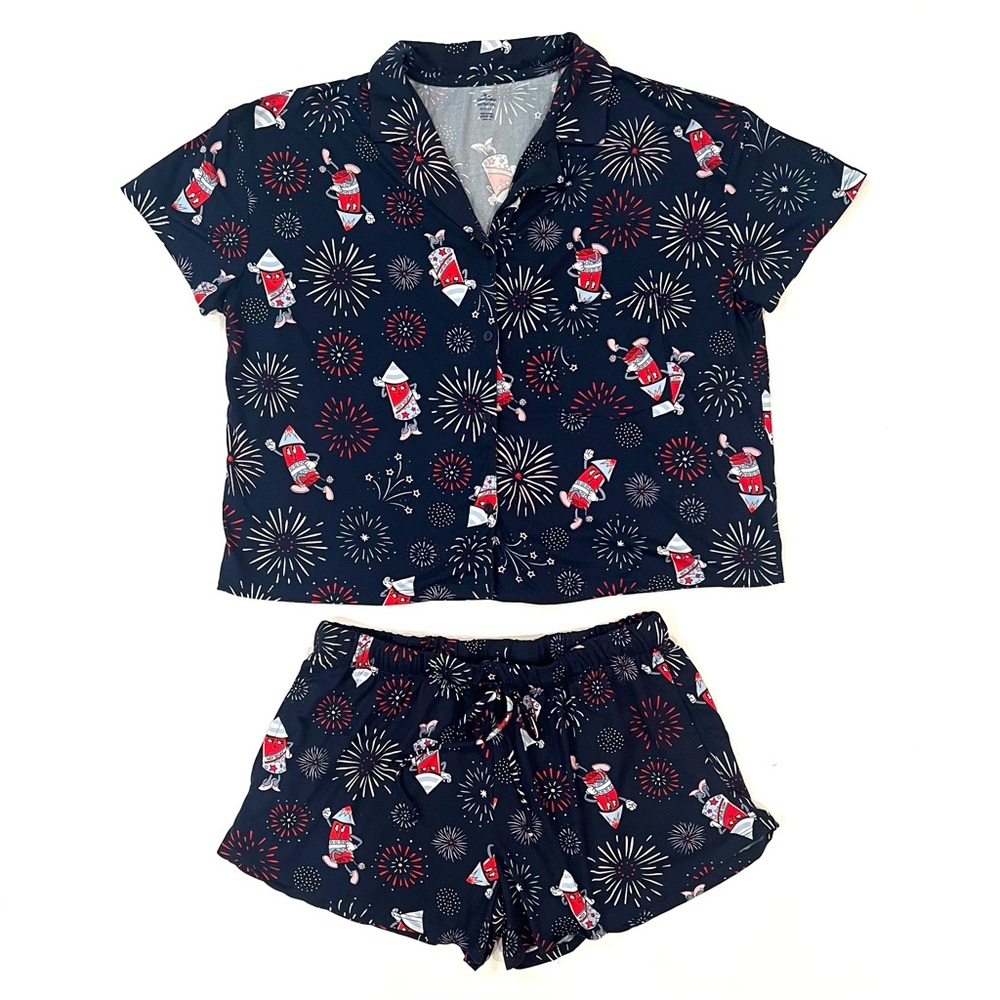 Celebrate Patriotic Fireworks 4th of July Print Navy Blue Pajama Set Medium EUC